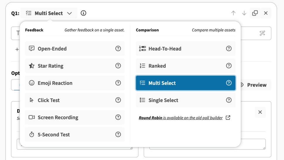 Survey question format options in PickFu